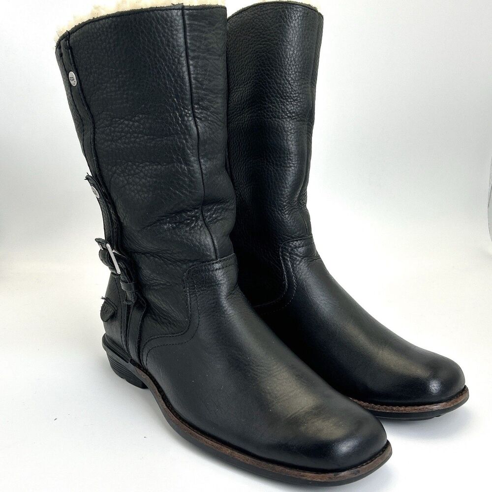 UGG Bellevue Moto Boots Women’s Sz 9 Black Leather Shearling Zip Buckle 5745 - Picture 3 of 11